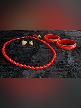 Curated Vintage Red & Gold 4 Pc Jewelry Set Monet Sarah Coventry Cinnabar Style